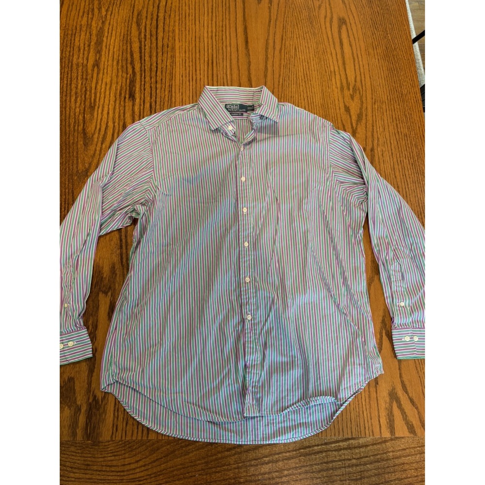 Polo Ralph Lauren Mens Classic Fit Striped Button Down Shirt Purple Green 17.5